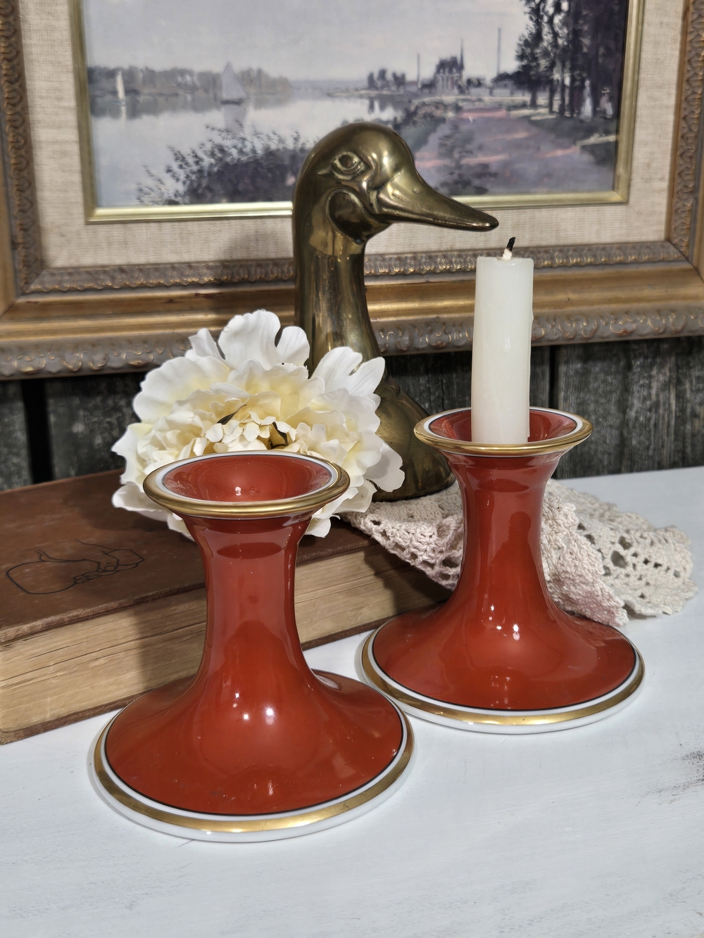 Vintage Fitz & Floyd Renaissance Cinnabar Candlestick Holder Pair